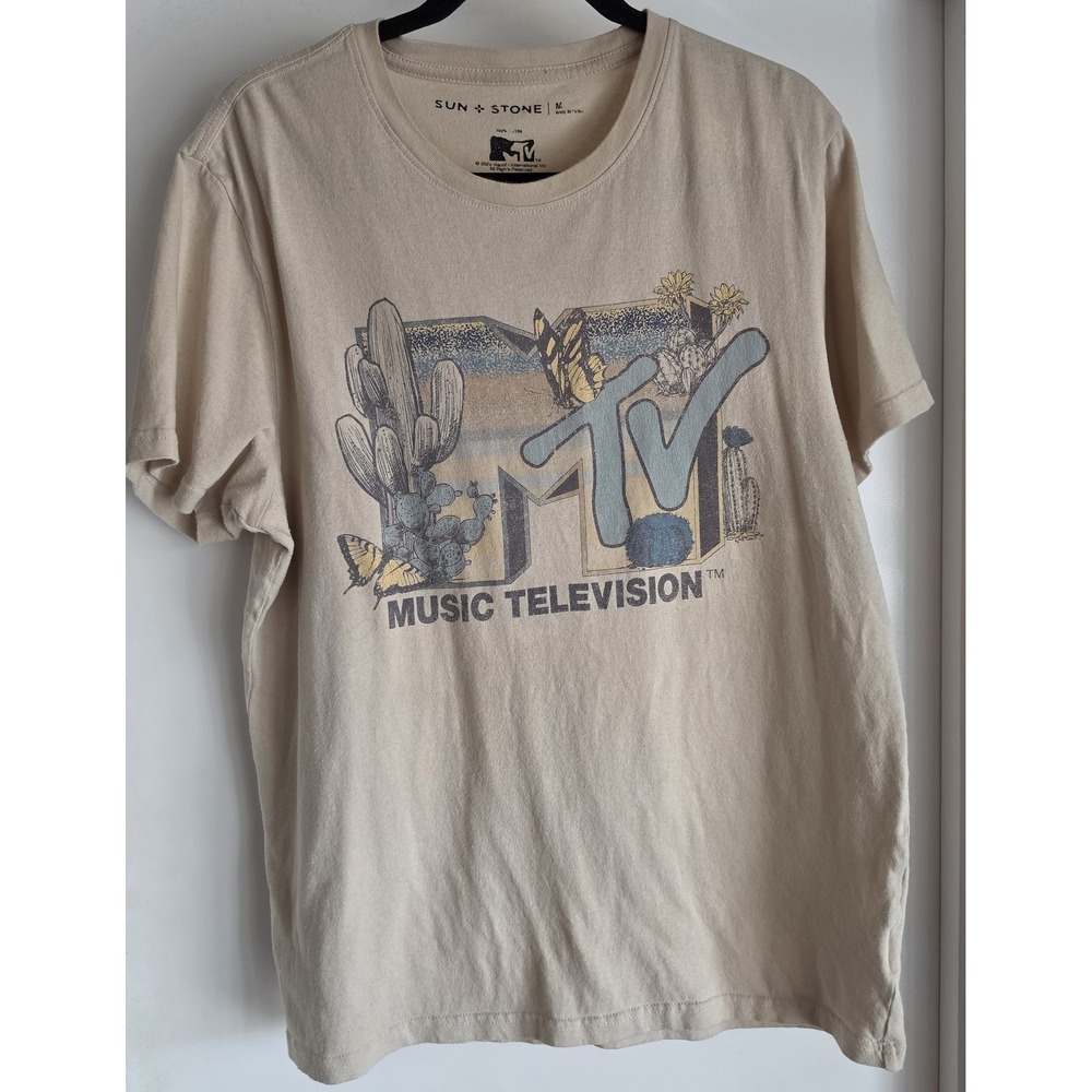 Sun + Stone MTV Men's Cotton T-Shirt M Tan Short Sleeve Retro Tee Crew Neck Top